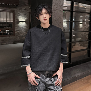 KT1013`立体提花港风小香风宽松五分袖中袖短袖T恤男P40