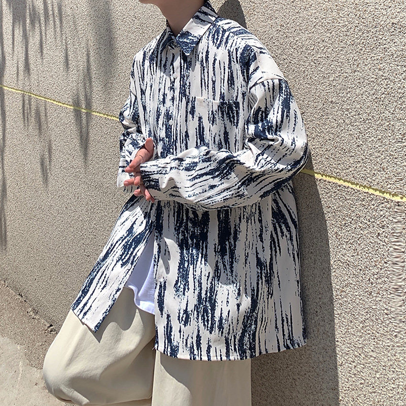 CT21宽松情侣港风大码ins扎染条纹衬衫外套男P4868黑色，男装衬衫，电商A066