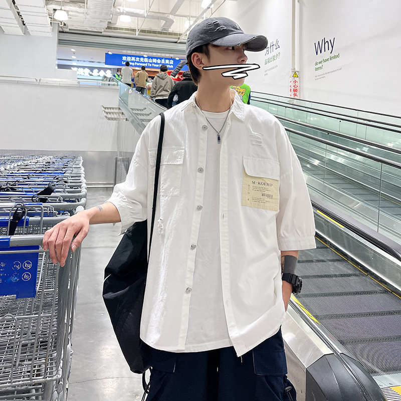 DX1507中性风情侣宽松街潮口袋短袖破洞水洗衬衫P45,男装衬衫,电商A066