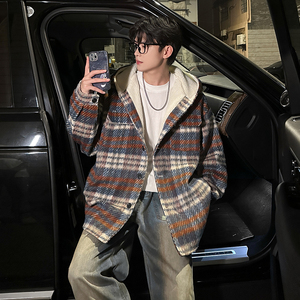 MH09`条纹ins加厚中长款羊羔毛呢料外套连帽棉衣棉服男P118