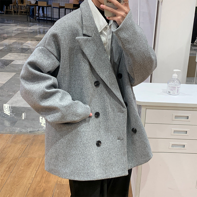 FT03高品质直播款中性风港风宽松中长款呢料风衣夹克男P98浅灰,男装夹克,电商A066
