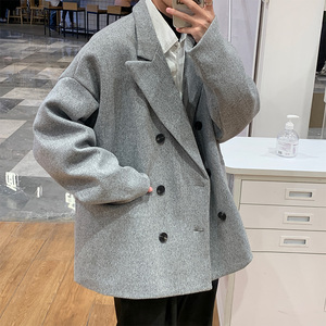 FT03高品质直播款中性风港风宽松中长款呢料风衣夹克男 P98浅灰图片
