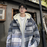 MH11`条纹ins加厚中长款羊羔毛呢料外套连帽棉衣棉服男P118，男装棉衣，电商A066