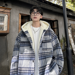 MH11`条纹ins加厚中长款羊羔毛呢料外套连帽棉衣棉服男 P118图片