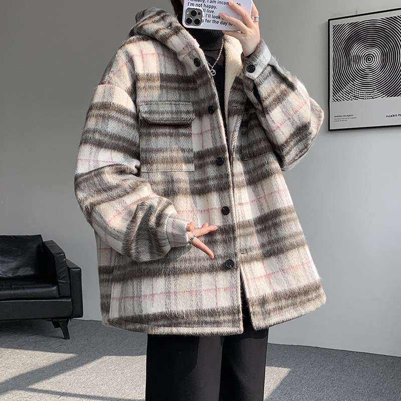 MH15`条纹ins加厚中长款羊羔毛呢料外套连帽棉衣棉服男P118,男装棉衣,电商A066