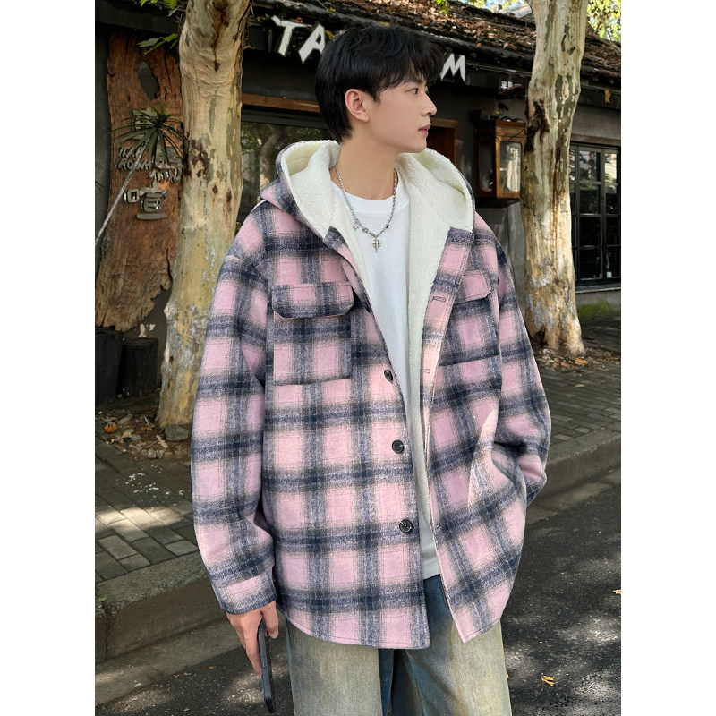 MH10`条纹ins加厚中长款羊羔毛呢料外套连帽棉衣棉服男P118,男装棉衣,电商A066