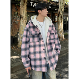 MH10`条纹ins加厚中长款羊羔毛呢料外套连帽棉衣棉服男 P118图片