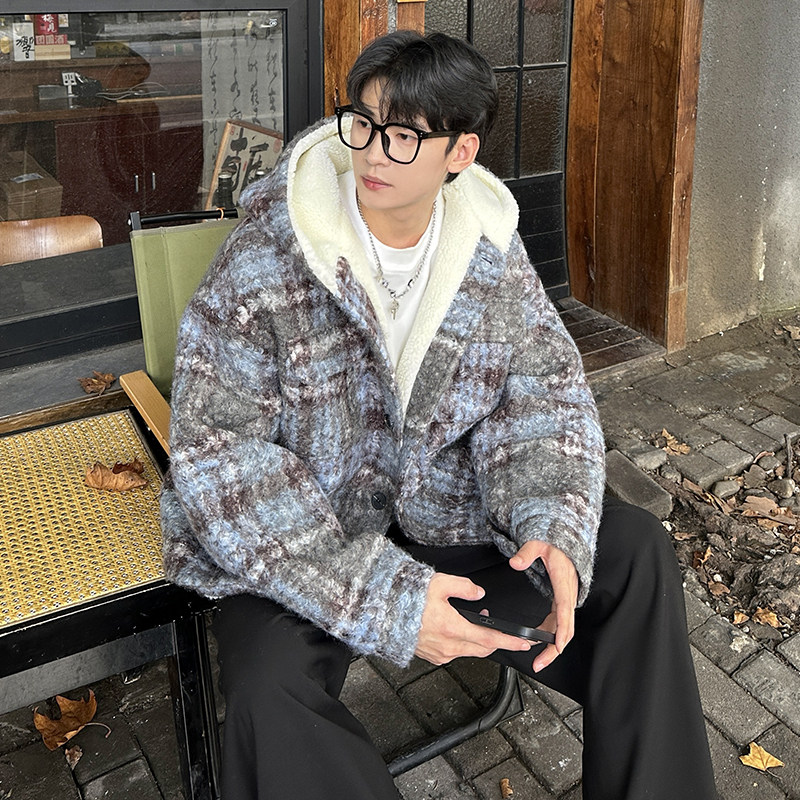 MH12`条纹ins加厚中长款羊羔毛呢料外套连帽棉衣棉服男P118,男装棉衣,电商A066