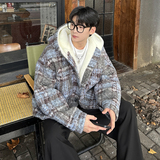 MH12`条纹ins加厚中长款羊羔毛呢料外套连帽棉衣棉服男P118，男装棉衣，电商A066