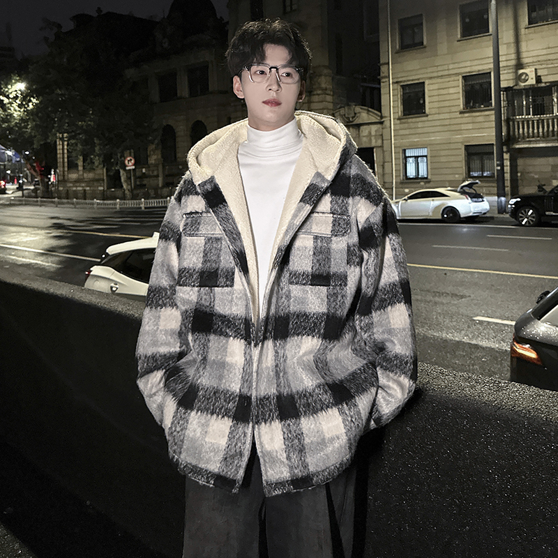 MH18`条纹ins加厚中长款羊羔毛呢料外套连帽棉衣棉服男P118，男装棉衣，电商A066