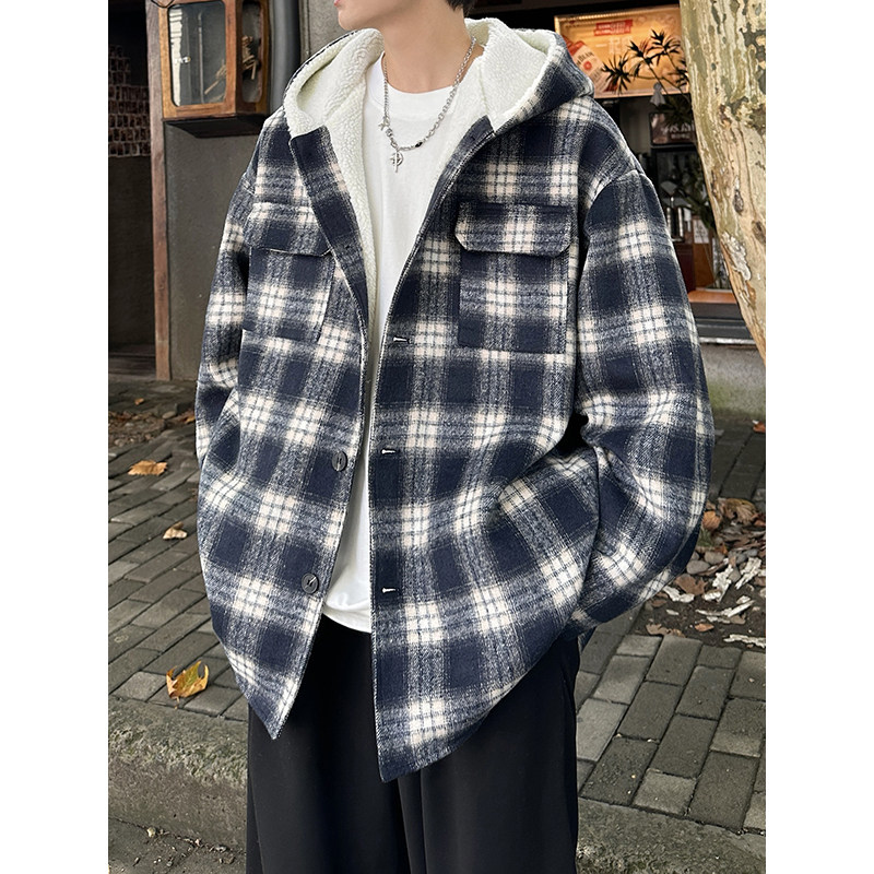 MH10`条纹ins加厚中长款羊羔毛呢料外套连帽棉衣棉服男P118,男装棉衣,电商A066
