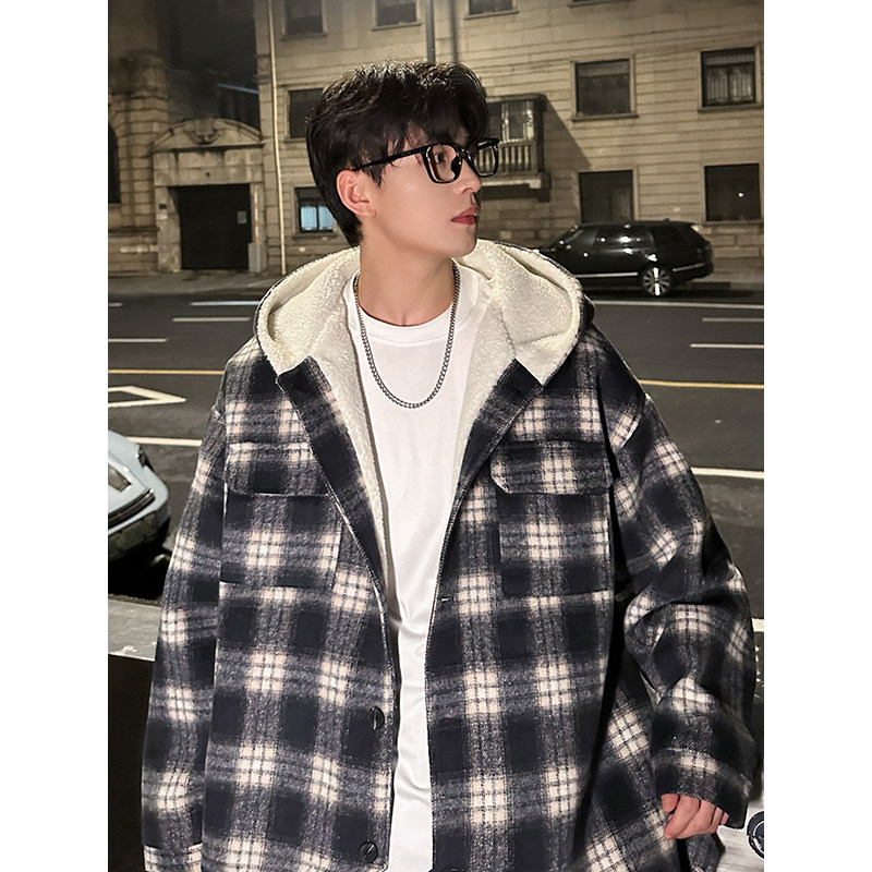 MH10`条纹ins加厚中长款羊羔毛呢料外套连帽棉衣棉服男P118,男装棉衣,电商A066