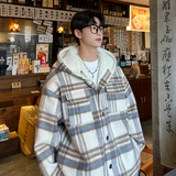 MH11`条纹ins加厚中长款羊羔毛呢料外套连帽棉衣棉服男P118，男装棉衣，电商A066