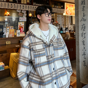 MH11`条纹ins加厚中长款羊羔毛呢料外套连帽棉衣棉服男 P118图片