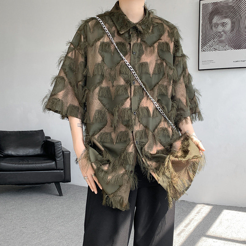 DX1558`oversize宽松重工艺流苏烫金情侣花衬衫男女P5578黑,男装衬衫,电商A066