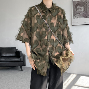 DX1558`oversize宽松重工艺流苏烫金情侣花衬衫男女P5578黑