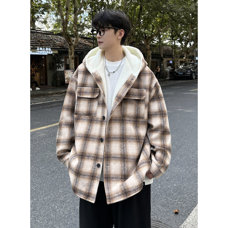 MH10`条纹ins加厚中长款羊羔毛呢料外套连帽棉衣棉服男P118,男装棉衣,电商A066