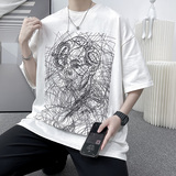 DX1083已注册版权情侣大码宽松抽象线头人物短袖T恤P3548白5，男装T恤，电商A066