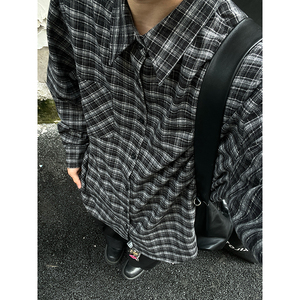 CR009`暗黑风重工艺加厚格子潮牌高街ins衬衫男女P55图片