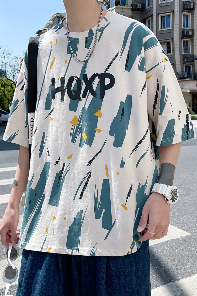DX1510宽松大码情侣中性风个性字母彩印短袖T恤P3548卡其色,男装T恤,电商A066