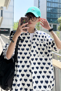 DX1516’中性风宽松情侣大码爱心满印衬衫男女P4058白色1图片