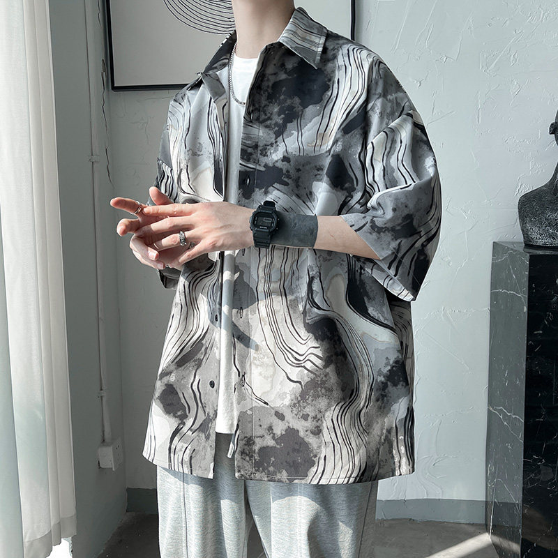 DX1526`oversize宽松大码水墨山水画短袖情侣衬衫男女P45,男装衬衫,电商A066
