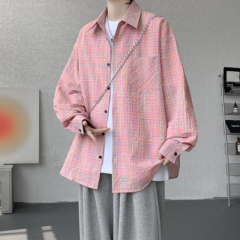 CR019`泡泡纱格子潮牌高街ins衬衫男女P40,男装衬衫,电商A066