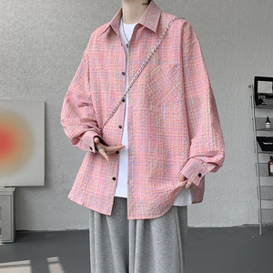 CR019`泡泡纱格子潮牌高街ins衬衫男女P40图片