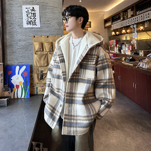 MH11`条纹ins加厚中长款羊羔毛呢料外套连帽棉衣棉服男 P118图片