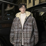 MH12`条纹ins加厚中长款羊羔毛呢料外套连帽棉衣棉服男P118，男装棉衣，电商A066