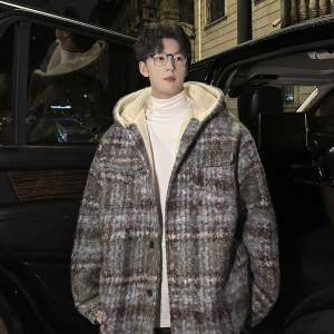 MH12`条纹ins加厚中长款羊羔毛呢料外套连帽棉衣棉服男 P118图片