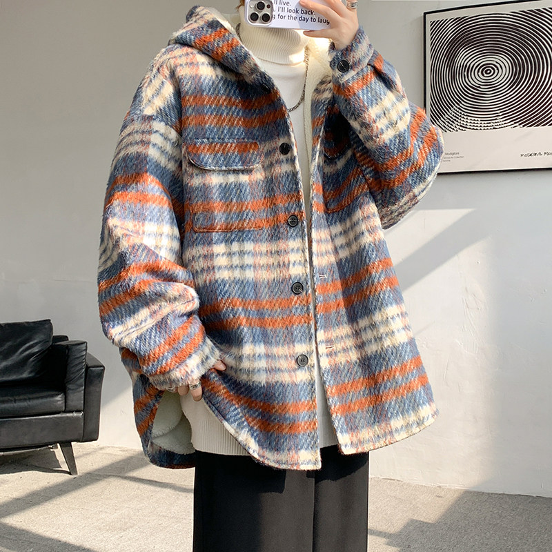 MH09`条纹ins加厚中长款羊羔毛呢料外套连帽棉衣棉服男P118,男装棉衣,电商A066