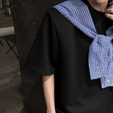 KT1028`（垫肩可拆装）假两件格子拼接短袖T恤男ins潮牌上痞帅P48，男装T恤，电商A066