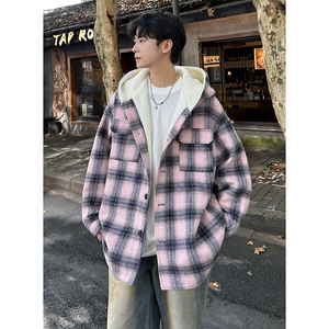 MH10`条纹ins加厚中长款羊羔毛呢料外套连帽棉衣棉服男 P118图片