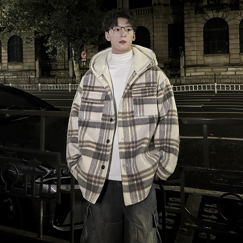 MH11`条纹ins加厚中长款羊羔毛呢料外套连帽棉衣棉服男P118,男装棉衣,电商A066