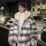MH16`条纹ins加厚中长款羊羔毛呢料外套连帽棉衣棉服男P118，男装棉衣，电商A066