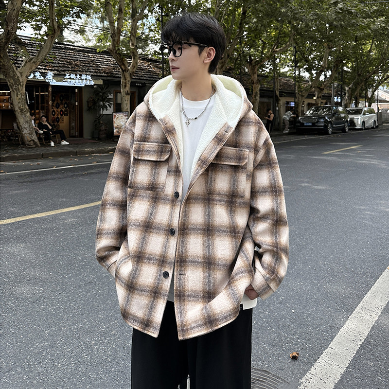 MH10`条纹ins加厚中长款羊羔毛呢料外套连帽棉衣棉服男P118,男装棉衣,电商A066