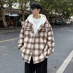 MH10`条纹ins加厚中长款羊羔毛呢料外套连帽棉衣棉服男 P118图片