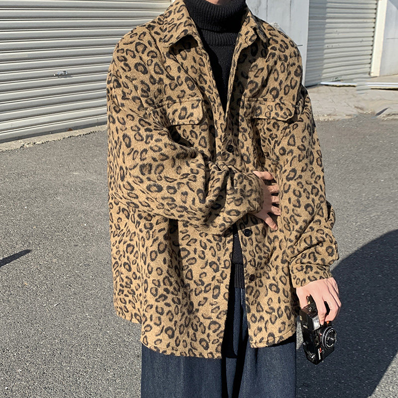 CT01`宽松ulzzang豹纹呢料外套男学生港味夹克衬衫男P6888，男装夹克，电商A066