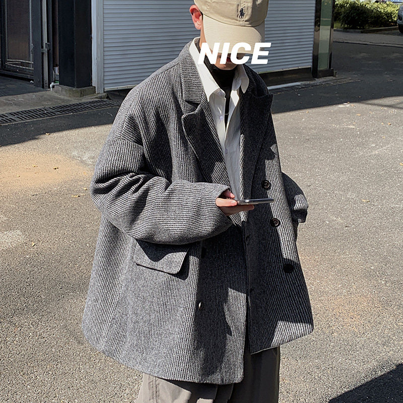 FT02条纹呢料宽松大码情侣西装型风衣外套男P98118浅灰,男装西服套装,电商A066