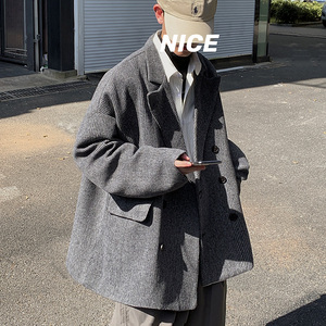 FT02条纹呢料  宽松大码情侣西装型风衣外套男 P98 118浅灰图片