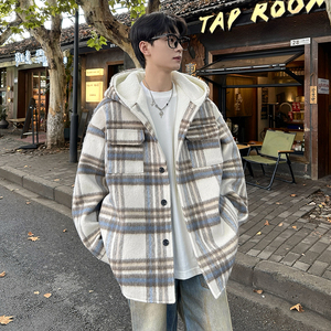 MH11`条纹ins加厚中长款羊羔毛呢料外套连帽棉衣棉服男 P118图片