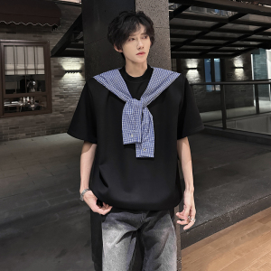 KT1028`（垫肩可拆装）假两件格子拼接短袖T恤男ins潮牌上痞帅P48,男装T恤,电商A066