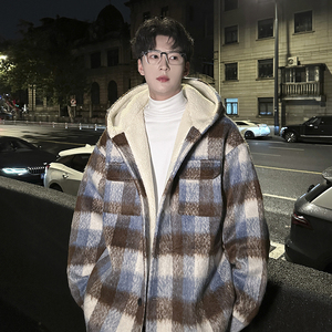 MH18`条纹ins加厚中长款羊羔毛呢料外套连帽棉衣棉服男 P118图片
