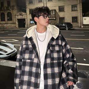 MH10`条纹ins加厚中长款羊羔毛呢料外套连帽棉衣棉服男 P118图片