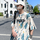 DX1510宽松大码情侣中性风个性字母彩印短袖T恤P3548卡其色，男装T恤，电商A066