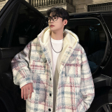 MH12`条纹ins加厚中长款羊羔毛呢料外套连帽棉衣棉服男P118，男装棉衣，电商A066