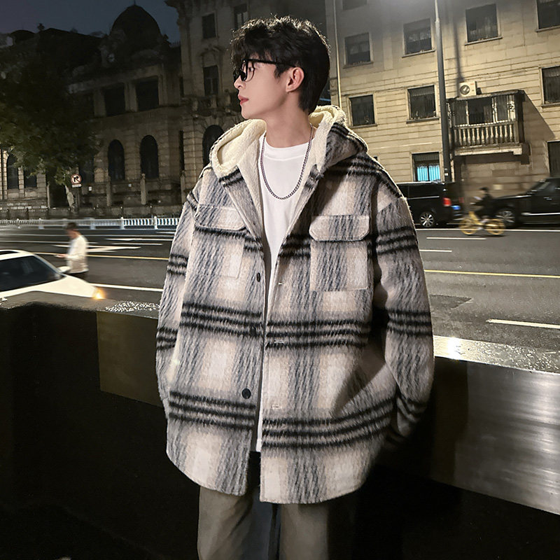 MH08`条纹ins加厚中长款羊羔毛呢料外套连帽棉衣棉服男P118,男装棉衣,电商A066