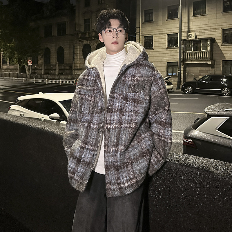MH12`条纹ins加厚中长款羊羔毛呢料外套连帽棉衣棉服男 P118图片