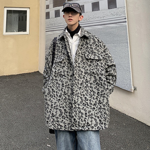 CT01原宿ulzzang 豹纹呢料外套男 学生夹克衬衫男P6888棕色图片